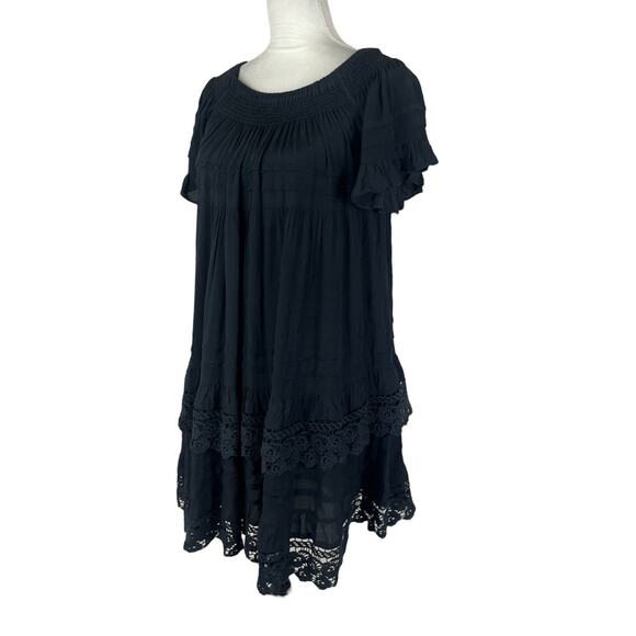 1st Sight Black Boho Off-The-Shoulder Tiered Mini Dress Lace Trim Size Small - Picture 4 of 7